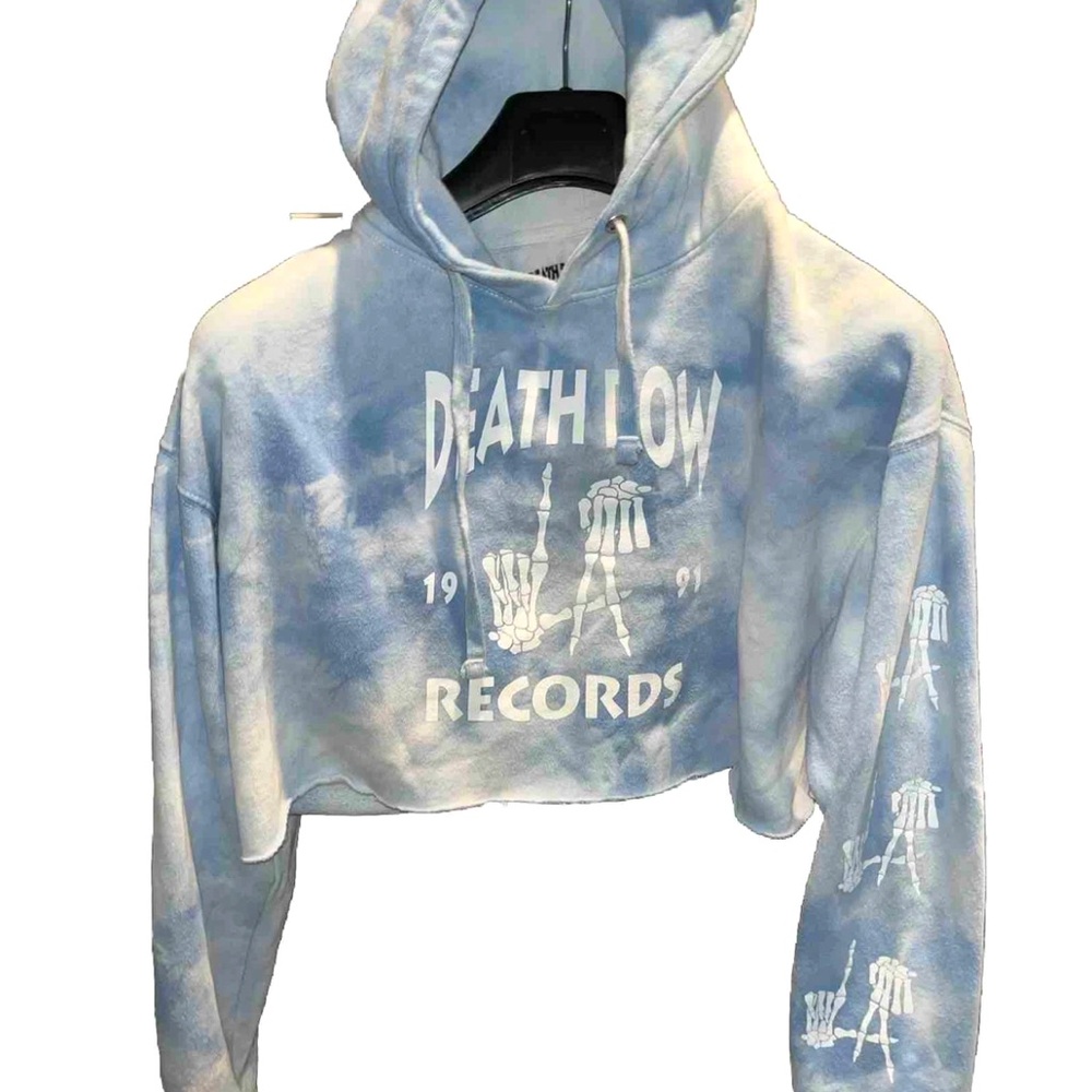 Death Row Records Blue Hoodie L CROPPED frayed Sweatshirt Tie Dye Bony Hands Y2K